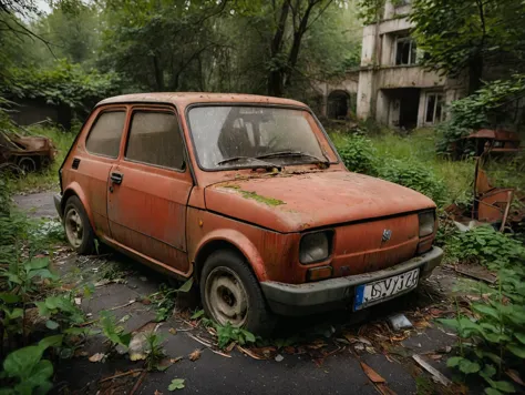 breathtaking cinematic photo cinematic film still abandoned and neglected red dusty  polish 70s compact car in an overgrown park...