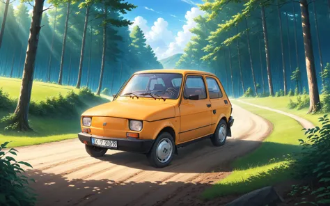 breathtaking anime artwork polish 70s compact car, riding on dirt road in forest, trees and sunny summer sky in background <lora:add-detail-xl:1>  <lora:polish 70s compact car:1> . anime style, key visual, vibrant, studio anime, highly detailed . award-winning, professional, highly detailed