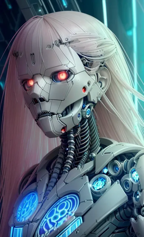 a close up of a robot with glowing eyes and a long white hair