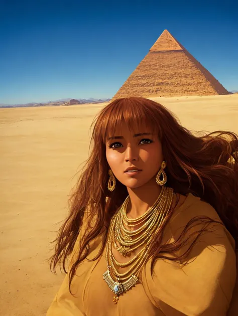 egyptian woman wearing intricate gold jewelry, desert town, pyramid, by Yoshiyuki Tomino, by Al Williamson, (by Bernie Wrightson:0.7), detailed face and eyes, masterpiece, (realistic:1.1) photo, volumetric lighting, soft lighting, absurdres, sharp, color graded, retouched, deep levels