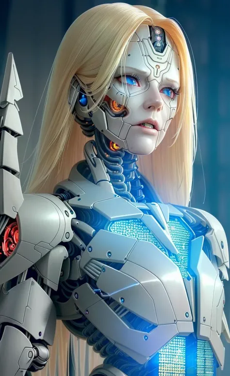 a close up of a woman with a sci - futuristic suit and a sword