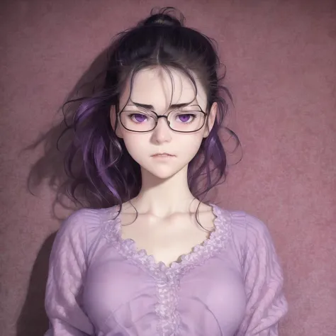 realistic photo, masterpiece, highest quality, detailed face and eyes, by ralph bakshi, by range murata, Katsuhiro Otomo, soft lighting, full shot, 
1girl, purple eyes, white blouse, pleated skirt, black hair, hair bun, messy hair, pale skin, purple eyes, glasses, embarrassed, library, deep levels, sharp, retouched, color graded,