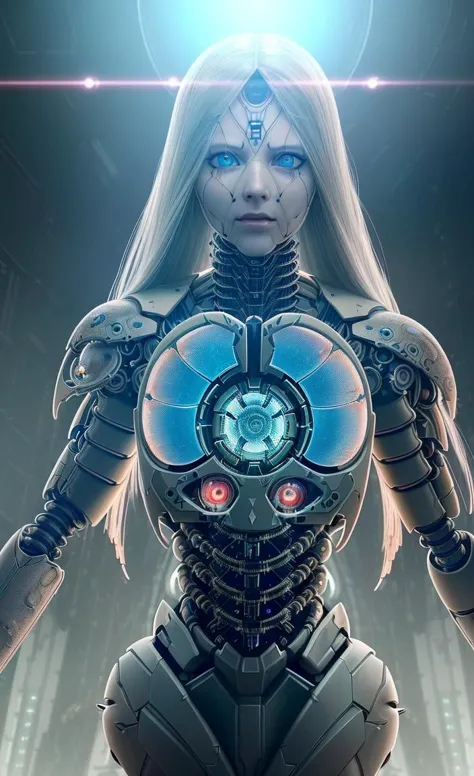 a woman in a futuristic suit with a glowing light on her chest