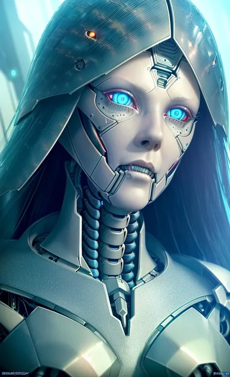 a woman with blue eyes and a futuristic suit