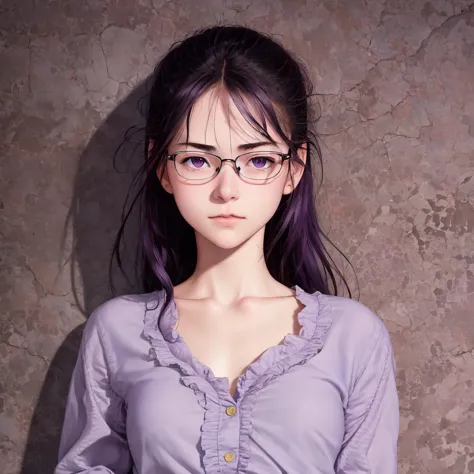 anime girl with glasses and purple shirt posing for a picture