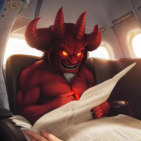 a close up of a person reading a book with a demon on it