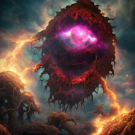 a painting of a giant alien creature with a glowing orb in the sky