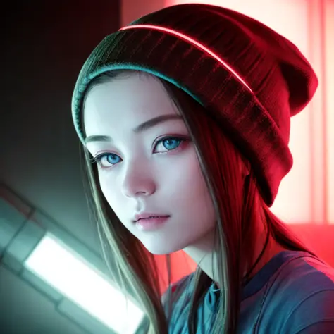 woman with alien anatomy and cybernetic limbs, scifi, wearing a beanie, detailed face and eyes, volumetric lighting, soft lighti...