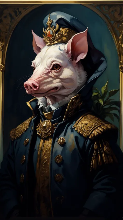 a painting of a pig dressed in a blue coat and a gold crown