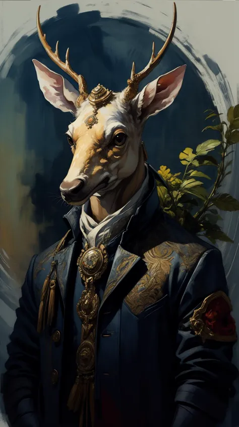 <lora:Fancy animal portraits v2:1>Deer, Indigo clothes, watercolor, oil_medium <lora:LowRa:0.1><lora:add_detail:0.75>, (Masterpiece:1.3) (best quality:1.2) (high quality:1.1)