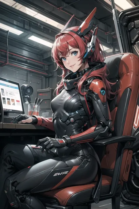 masterpiece, best quality, a woman sitting in a chair with a computer on it's back and a keyboard on her lap, eve ryder, laurie ...