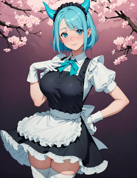 a woman in a maid outfit with blue hair and a cat ears