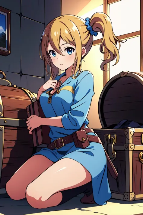 (masterpiece, best quality),  intricate details,
1girl,    <lora:hayasaka_ai-10:0.8> hayasaka_ai, hair between eyes, side ponytail, scrunchie, hair ornament, hair scrunchie, blue scrunchie, long hair, sidelocks, 
medium breasts,  <lora:close_treasure:0.8> close treasure, hugging treasure chest, kneeling, cheek press, keyhole, sitting,, close treasure, kneeling, picking, keyhole,looking at object,