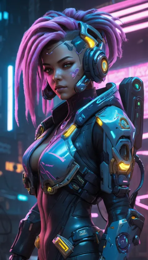 Nova, StarCraft, (reimagined in a cyberpunk universe), (cyberpunk style), (cyberpunk), (cyberpunk outfit), augmentation, cybernetics, (cyberpunk outfit), (punk hair), glowing neon lights, cinematic scene, hero view, action pose, masterpiece, best quality, high quality, absurdres, vivid detailed skin texture, (blush:0.5), (goosebumps:0.5), subsurface scattering
