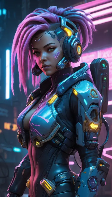 Nova, StarCraft, (reimagined in a cyberpunk universe), (cyberpunk style), (cyberpunk), (cyberpunk outfit), augmentation, cybernetics, (cyberpunk outfit), (punk hair), glowing neon lights, cinematic scene, hero view, action pose, masterpiece, best quality, high quality, absurdres, vivid <lora:nova_xl_v1:1>, detailed skin texture, (blush:0.5), (goosebumps:0.5), subsurface scattering