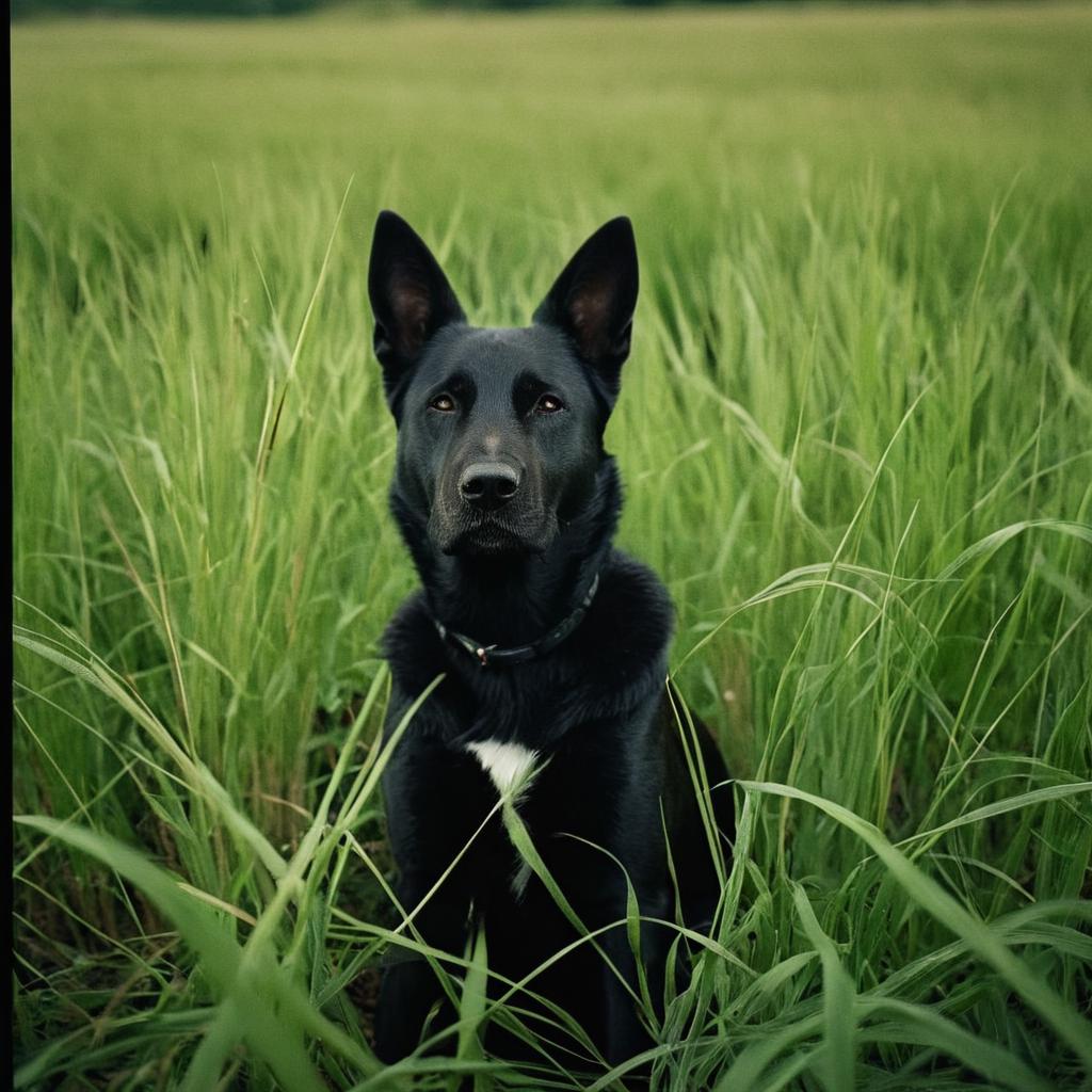 There is a black dog sitting in a field of tall grass - SeaArt AI