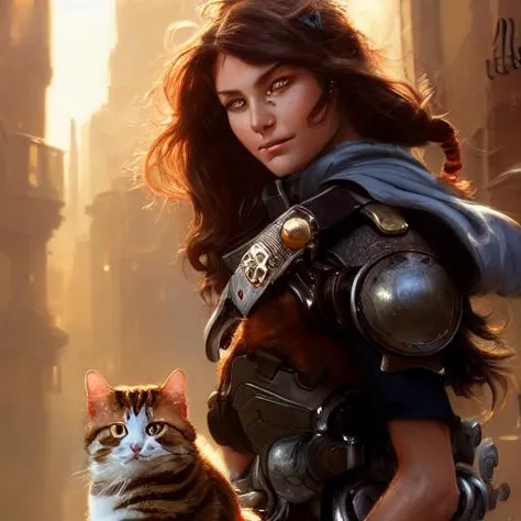 modelshoot style, (extremely detailed 8k wallpaper) ,A detailed portrait of a cute calm brunette woman hugging a tabby cybernetic cat illustrator, by justin gerard and greg rutkowski, digital art, realistic painting, dnd, character design, trending on artstation