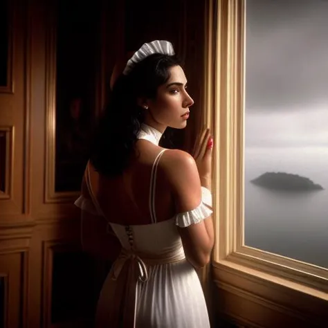 arafed woman in white dress looking out a window at a body of water