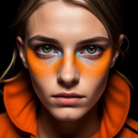 a woman with orange and blue makeup and a hoodie