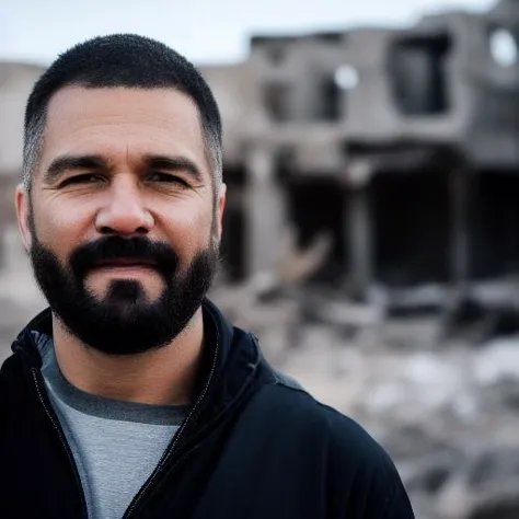 photo brute, une photo de portrait en gros plan de brutal 45 ans.Ô homme en vêtements de Wastelander, coupe de cheveux longue, peau pâle, Corps mince, l&#39;arrière-plan est les ruines de la ville, (Peau très détaillée:1.2), 8k euh, Reflex numérique, éclairage doux, Haute qualité, grain de film, Fujifilm XT3