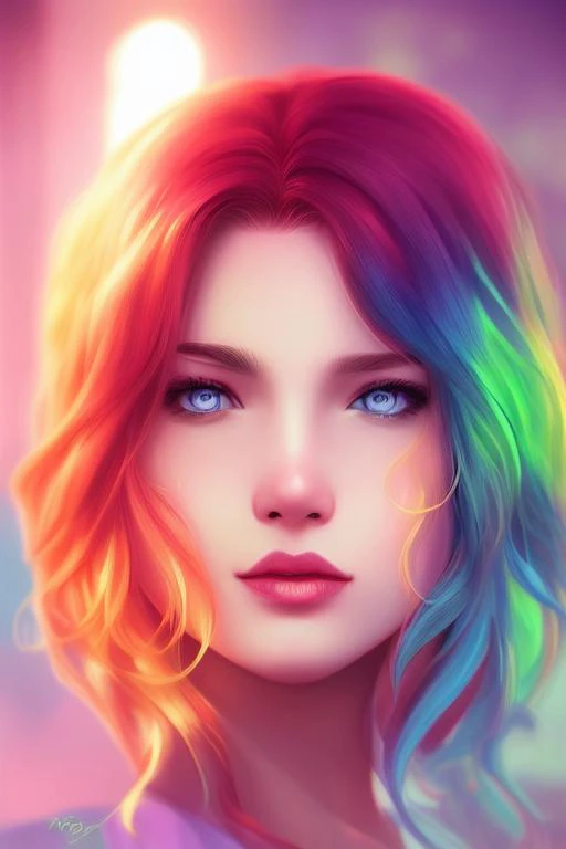 digital illustr在ion style, 封面,  极其详细, 1個女孩, rainbow 頭髮, 和服, 夏令時, 異色症, 看著_在_觀眾,  短的_頭髮, 獨自的, foggy future cinem在ic lighting, 哎呀, artgerm 的藝術, 阿尼兹克2