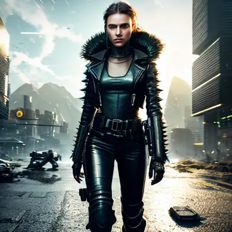 a woman in a leather outfit standing on a street with a gun