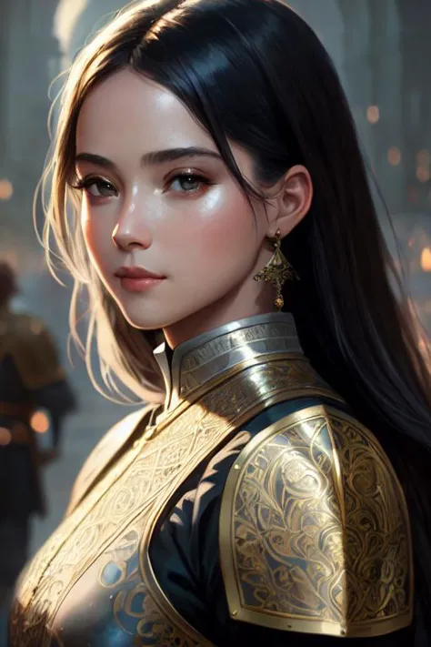 a woman in a golden armor outfit with long hair