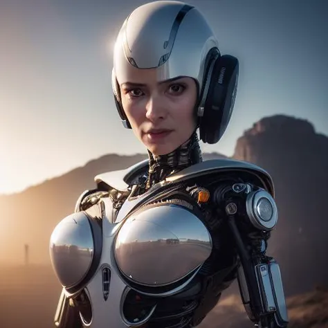 a close up of a woman in a futuristic suit with a helmet on