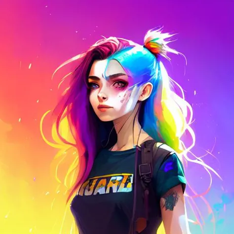 dreamlikeart, a grungy woman with rainbow hair, travelling between dimensions, dynamic pose, happy, soft eyes and narrow chin, e...