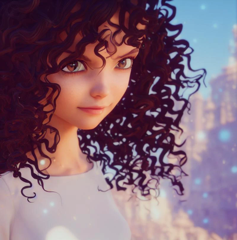 modern disney style, beautiful brunette with beautiful (curly hair), (portrait), daylight, (blurred background), WLOP, Rossdraws, ArtStation, CGSociety, concept art, cgsociety, octane render, trending on artstation, artstationHD, artstationHQ, unreal engine, 4k, 8k