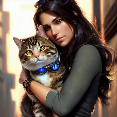 estilo de sesión de modelo, (fondo de pantalla 8k extremadamente detallado) ,Un retrato detallado de una linda y tranquila mujer morena abrazando a un gato cibernético atigrado ilustrador, por justin gerard y greg rutkowski, arte digital, pintura realista, dnd, diseño de personaje, tendencia en artstation