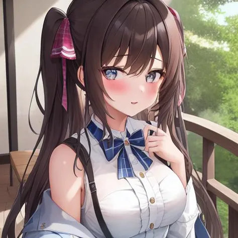 anime girl with long hair and a bow tie sitting on a bench