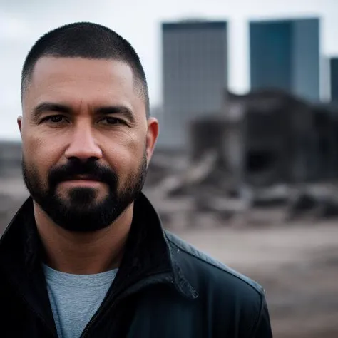 photo brute, une photo de portrait en gros plan de brutal 45 ans.Ô homme en vêtements de Wastelander, coupe de cheveux longue, peau pâle, Corps mince, l&#39;arrière-plan est les ruines de la ville, (Peau très détaillée:1.2), 8k euh, Reflex numérique, éclairage doux, Haute qualité, grain de film, Fujifilm XT3