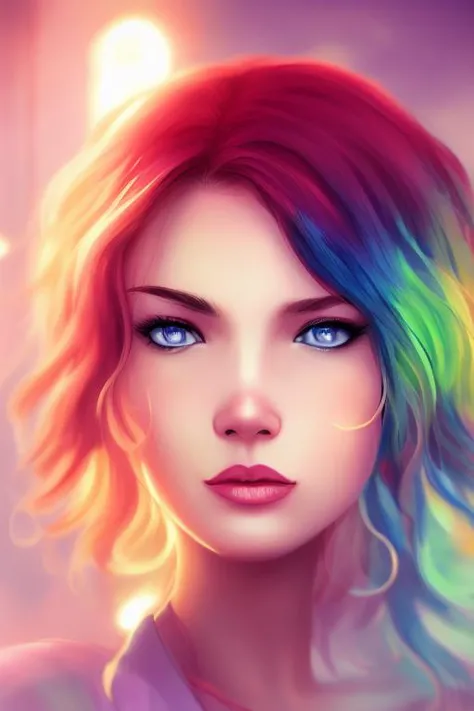 digital illustration style, book cover,  incredibly detailed, 1girl, rainbow hair, kimono, summer time, heterochromia, looking_a...