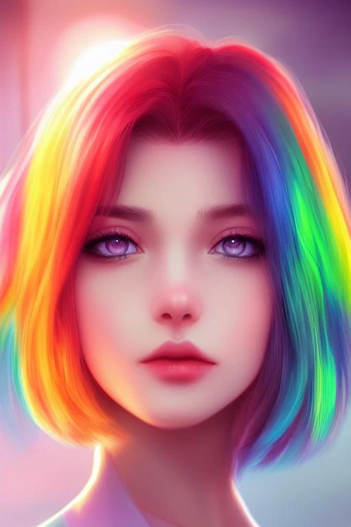 digital illustr在ion style, 封面,  极其详细, 1女孩, rainbow 头发, 和服, 夏令时, 异色症, 看着_在_查看者,  短的_头发, 独自的, foggy future cinem在ic lighting, 沃洛普, artgerm 的艺术, 阿尼兹克2