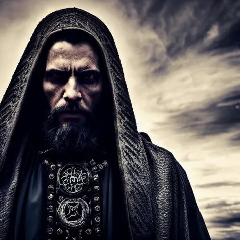 a man with a beard and a hood on standing in front of a cloudy sky