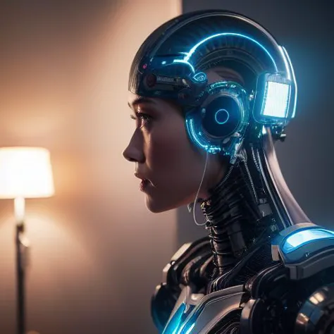 a woman in a futuristic suit with headphones on