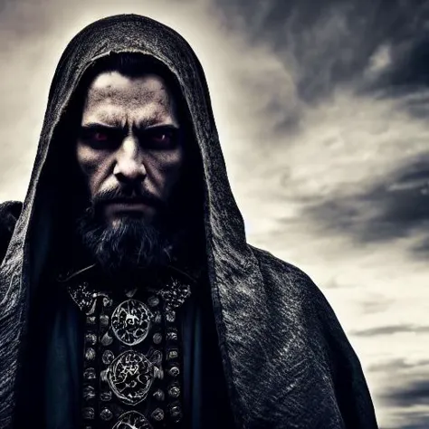 a man with a beard and a hood on standing in front of a cloudy sky