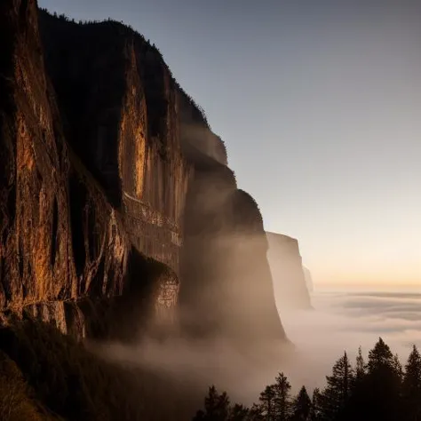 a view of a mountain with fog and trees in the foreground