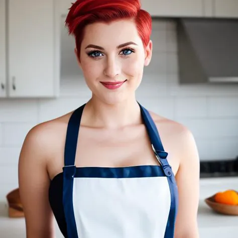 ein Nahaufnahmeporträt eines verspielten Dienstmädchens, Undercut-Haare, Schürze, toller Körper, ausgeprägtes weibliches Merkmal, Vollbusig, Küche, [ash blonde | ginger | pinkes Haar], Sommersprossen, Flirten mit der Kamera