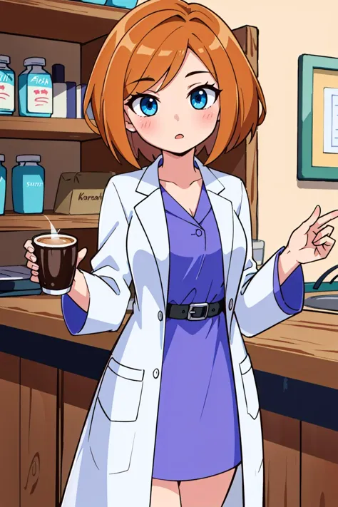 1girl, drann, short hair, blue eyes, lab coat, purple dress, coffee, Masterpiece, best quality, detailed background, intricate details, detailed <lora:Ann_Possible-DEF_DogeOfVenice:0.3> <lora:detail_slider_v4:1.25>