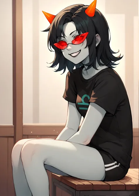 score_9, score_8_up, score_7_up, score_6_up, score_5_up, score_4_up, thick lines, anime, masterpiece, 1girl, terezi pyrope <lora:TereziPony2:1>, librasign, smile, grin, colored skin, grey skin, medium hair, black hair, horns, red sclera, red-tinted eyewear, black shirt, t-shirt, indoors, sitting, bare legs BREAK source_anime