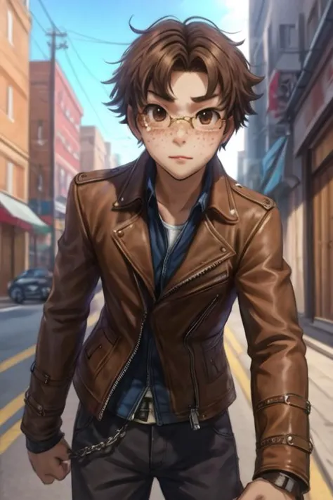 a man in a brown jacket and glasses walking down a street