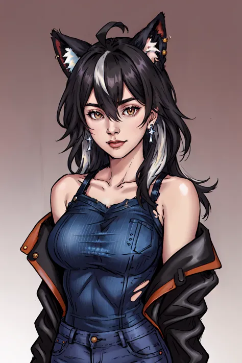 a drawing of a woman with black hair and a cat ear