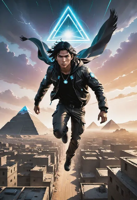 a man flying over a city with a pyramid in the background