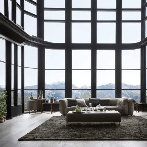 a view of a living room with a large window and a couch