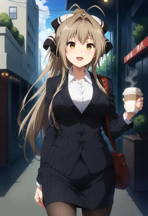 anime girl in business attire holding a cup of coffee