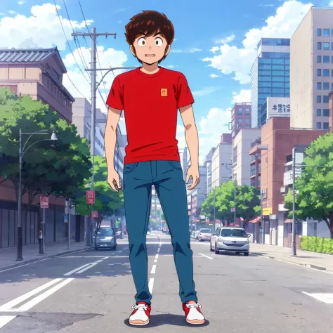 <lora:AtaruMoroboshi001:0.7>,
AtaruMoroboshi,1boy,
red shirt,jeans,
full body,city,