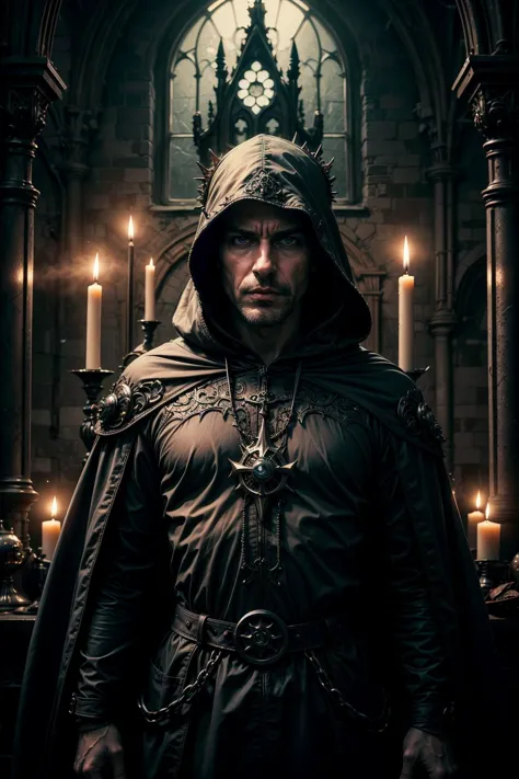 a man in a hoodedie standing in front of a church