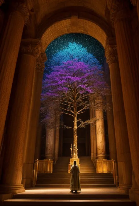 a person standing in front of a tree with a sky background